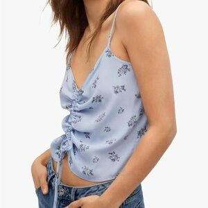 Mango Floral Print Top Cinched Ruched Powder Baby Blue Spaghetti Strap L XL